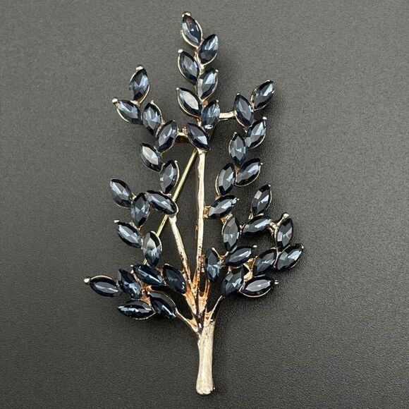 Rose Gold with Blue Sapphire Crystal Tree Branch with Leaves Pin Back Brooch - Picture 1 of 9